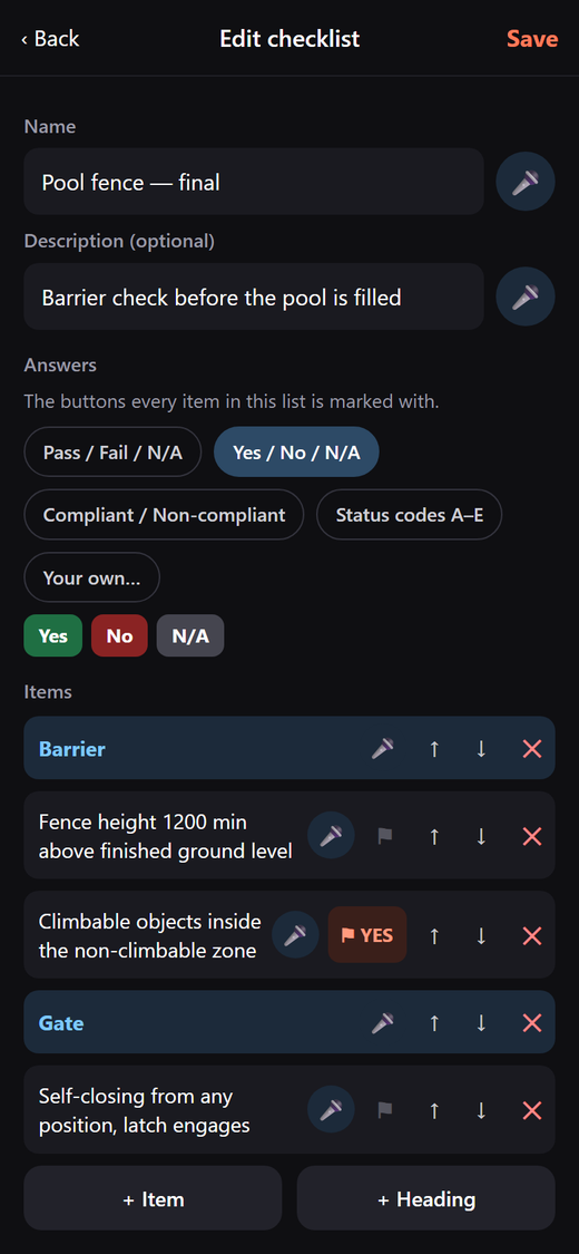 The checklist editor: name, description, and rows of items and headings, each with a microphone, up and down arrows and a delete cross.