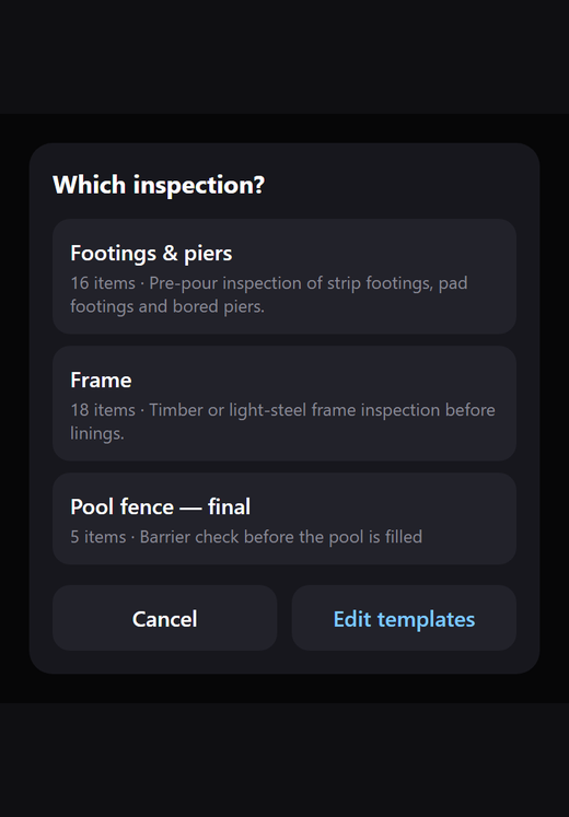 The which-inspection picker listing the available checklists, including the new Pool fence list.