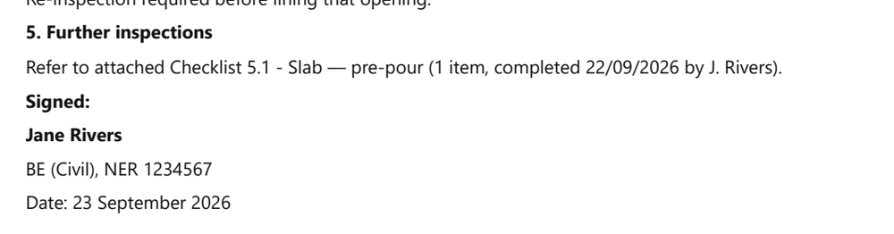 A line in the report reading: Refer to attached Checklist 5.1 - Slab — pre-pour (1 item, completed 22/09/2026 by J. Rivers).