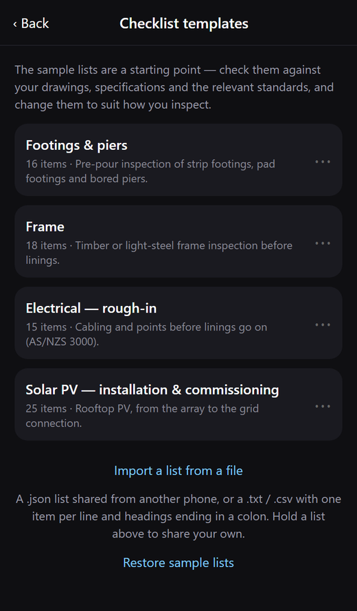 The checklist templates screen: sample lists with their item counts, an option to import a list from a file, and a button to make a new one.
