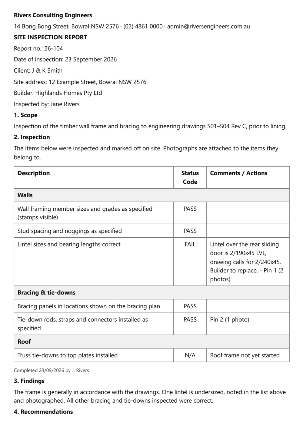 The finished inspection report: letterhead, job details, a checklist table with PASS, FAIL and N/A results, comments and photo references, then findings and recommendations.