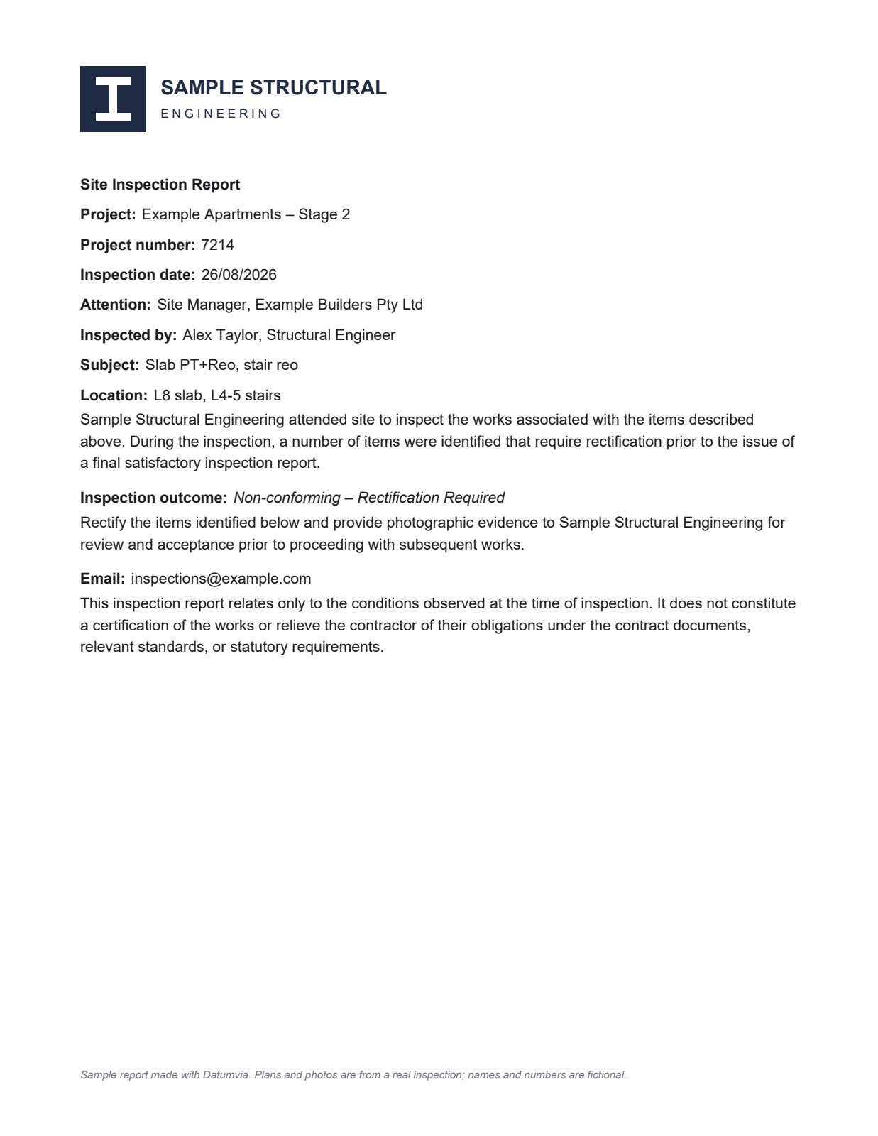 Report cover page: project, inspection date, subject, outcome non-conforming, rectification required