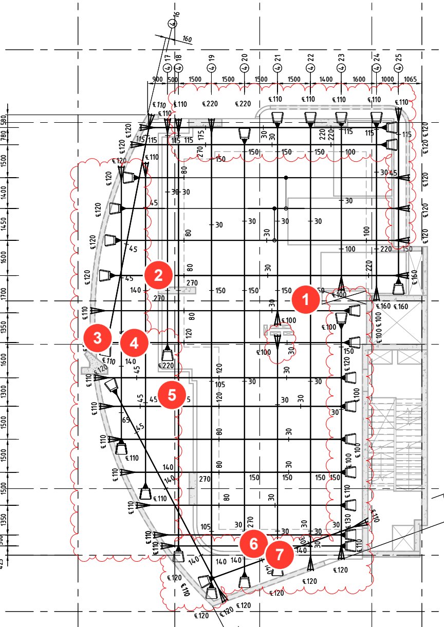 A level 8 post-tension slab plan with seven numbered red pins marking inspection items