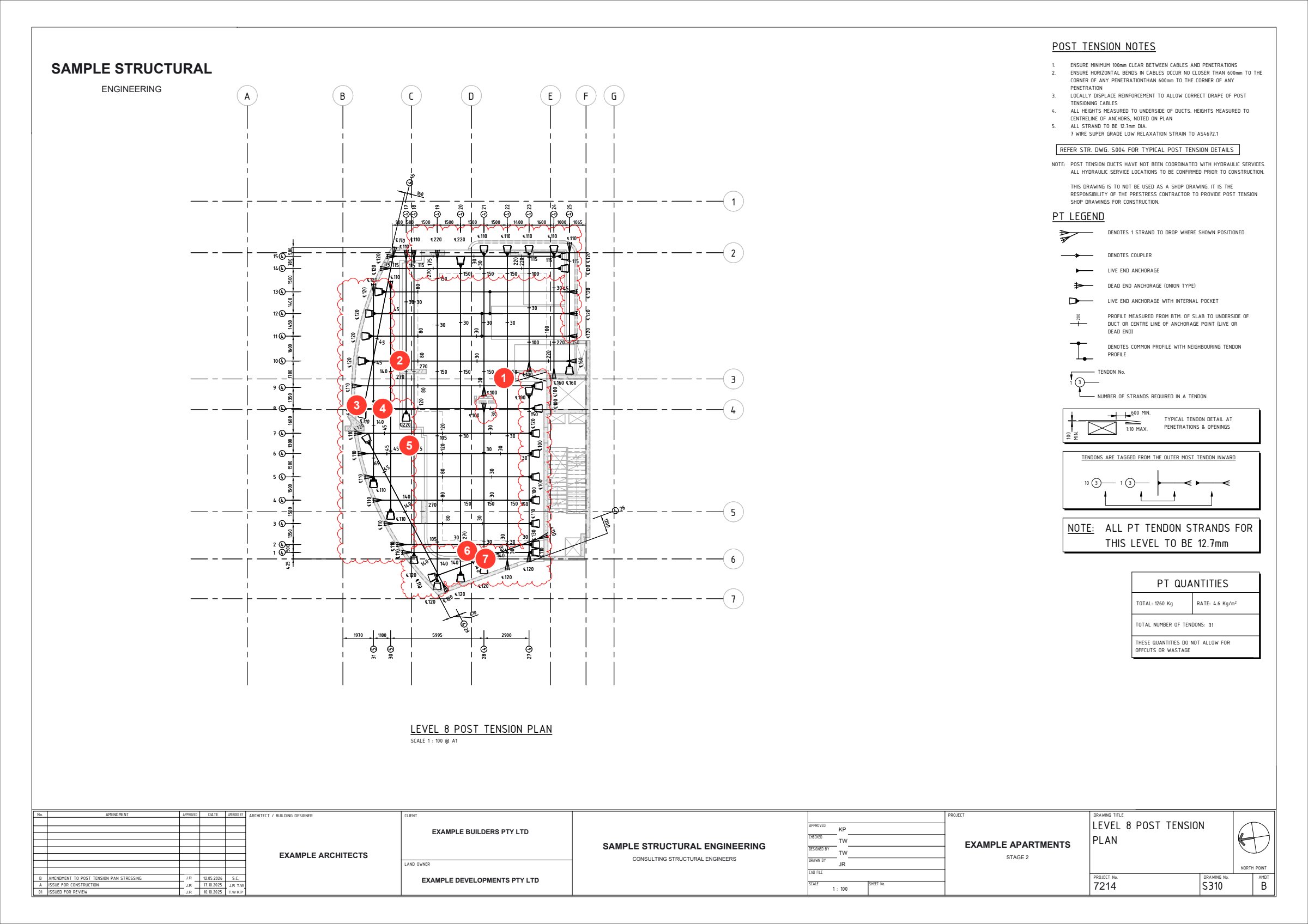 Full post-tension plan sheet with numbered pins and the title block